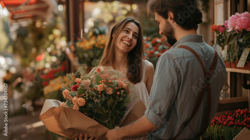 Florist man collecting and hold out a bouquet in flower shop. Happy small business owner