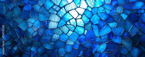 Blue glass stained glass wide background.