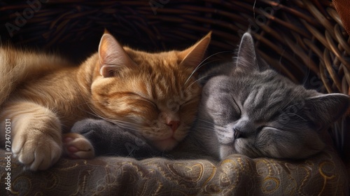 A pair of British cats napping peacefully in a cozy nook, their rhythmic purring harmonizing with the gentle hum of the afternoon.