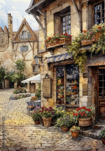 Charming European Street with Colorful Flowers and Stone Buildings © AlexanderD
