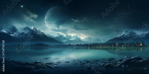 Mountains and a lake with a crescent of light in the sky AI Generative