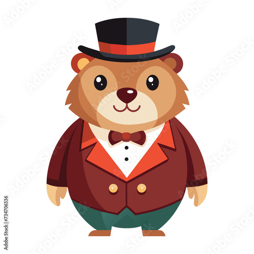 cute groundhog in elegant suit and hat on white