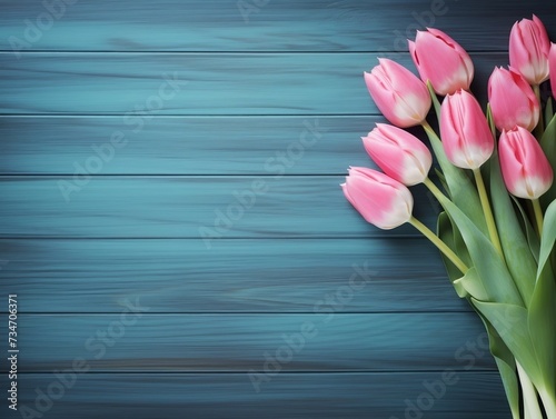 Tulips on wooden table with blue wooden background and copy text space