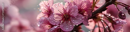 A vibrant pink cherry blossom in the soft morning light, covered in glistening dewdrops