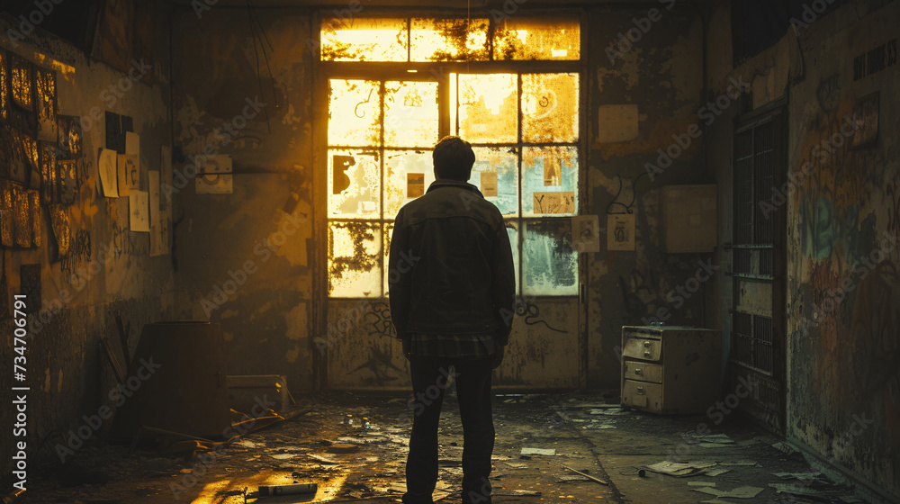 Someone was standing in the abandoned room. Someone was standing in the abandoned room.