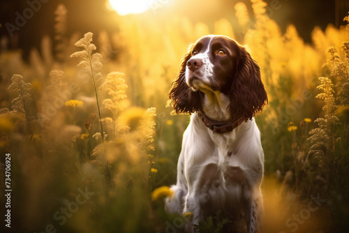 English springer spaniel dog sitting in meadow field surrounded by vibrant wildflowers and grass on sunny day ai generated