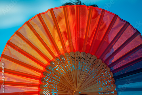 Man s arm holding a fan with the colors of the rainbow flag at the gay pride festival