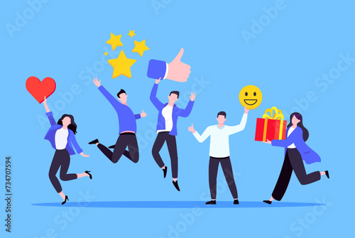 Employee feedback work satisfaction survey business concept flat vector illustration. Employee or customer feedback rating opinion with people and social icons - thumb  smile emoji  stars and heart.