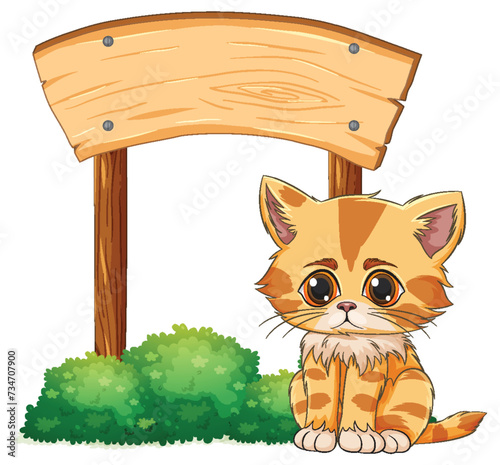 Adorable striped kitten sitting under a blank sign.