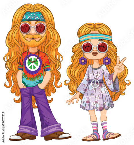 Cartoon hippie man and girl with peace symbols.