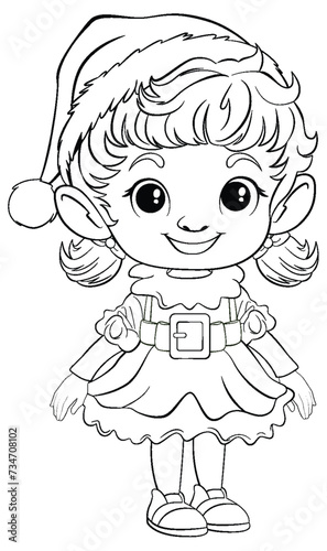 Cute elf character ready for Christmas coloring activity.