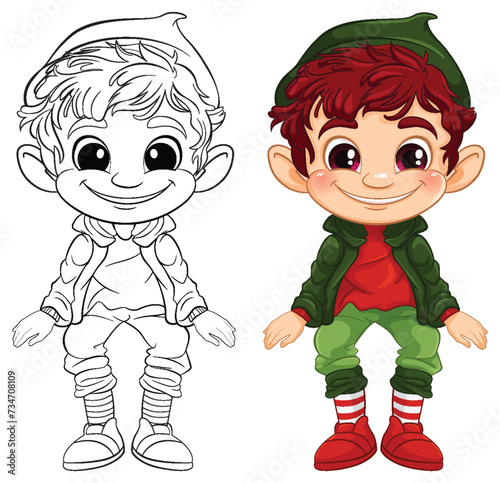 Vector illustration of an elf, colored and line art.