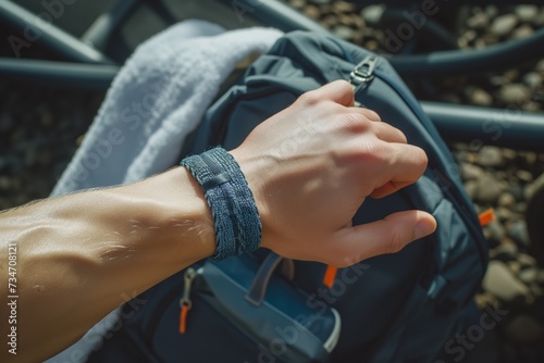 hand with gym bag, sporty bracelet, and fresh towel visible