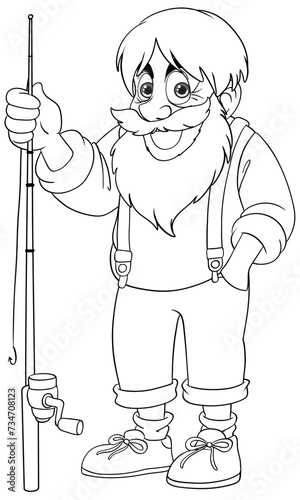 Smiling cartoon fisherman holding a fishing rod.