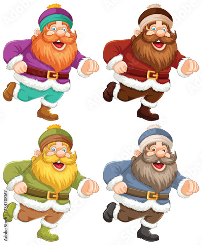 Four cheerful dwarves with distinct colorful clothing.