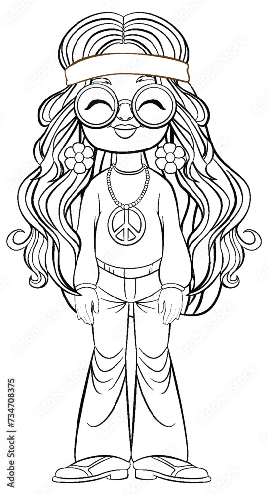 Black and white drawing of a hippie girl.