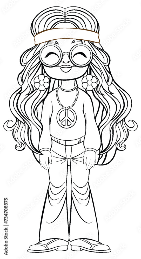 Black and white drawing of a hippie girl. Black and white drawing of a hippie girl.