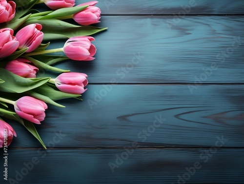Tulips on wooden table with blue wooden background and copy text space