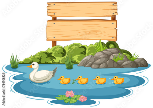 Mother duck with ducklings swimming by wooden sign