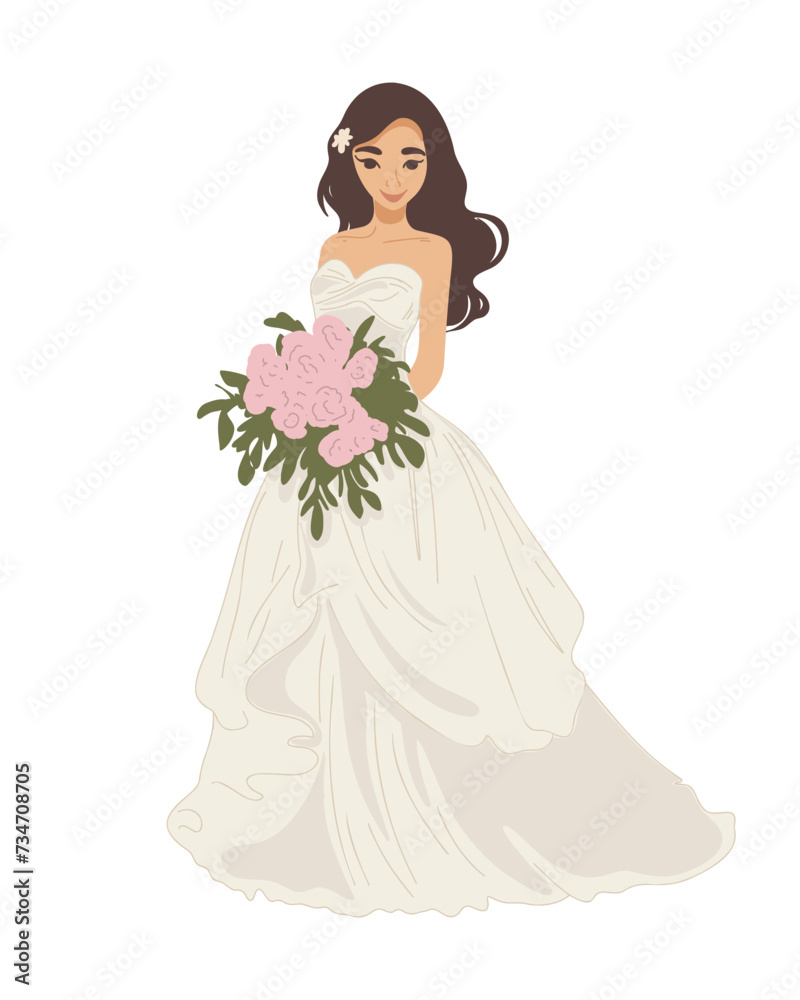Beautiful young bride in a wedding dress with a wedding bouquet, vector illustration Beautiful young bride in a wedding dress with a wedding bouquet, vector illustration