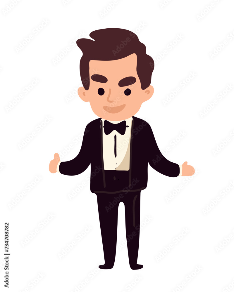 Cartoon happy young man in suit and bow tie, groom, vector illustration Cartoon happy young man in suit and bow tie, groom, vector illustration