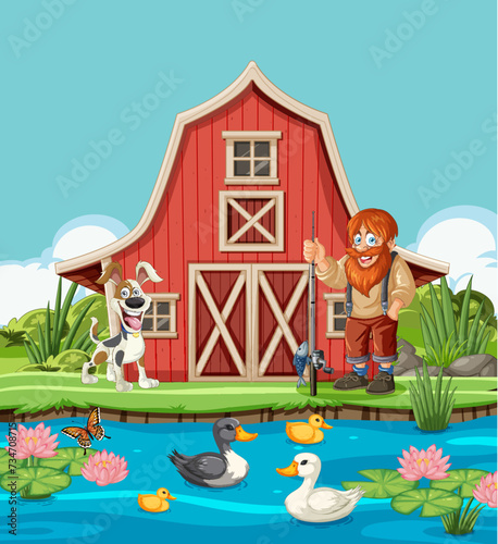 Cartoon of a farmer with animals by a barn