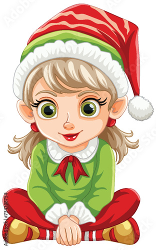 Cartoon elf girl dressed in holiday-themed costume.