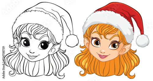 Vector illustration of a girl with a Santa hat, colored and line art.