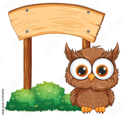 Cute owl standing under a blank wooden sign.