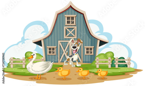 Dog, duck, and ducklings in front of barn