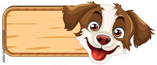 Cartoon dog peeking behind a wooden sign.