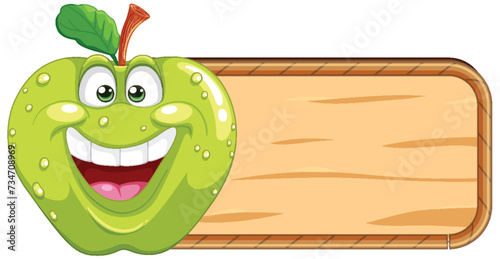 Cheerful green apple character with blank sign