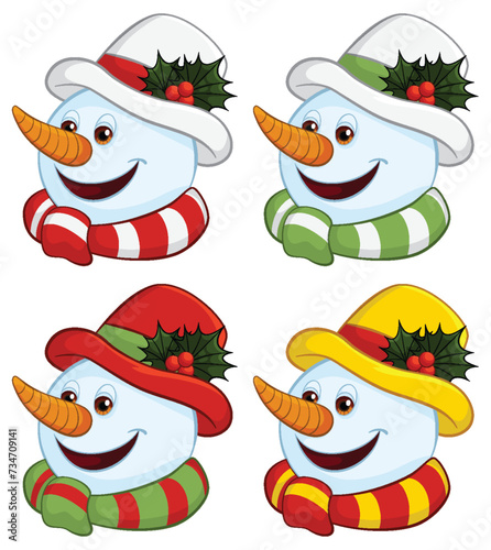 Four cheerful snowmen with colorful winter hats.