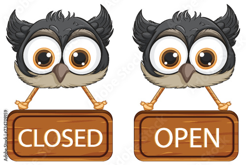 Cute owls with signs showing 'Closed' and 'Open'