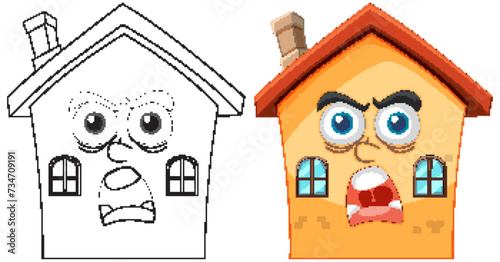 Two houses with expressive anthropomorphic faces