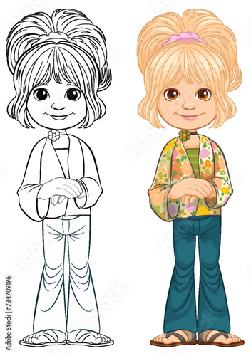 Vector illustration of girl, colored and line drawing.