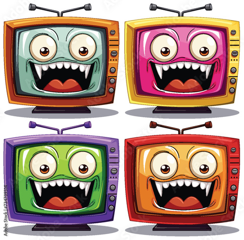 Four animated TVs showing various funny faces.