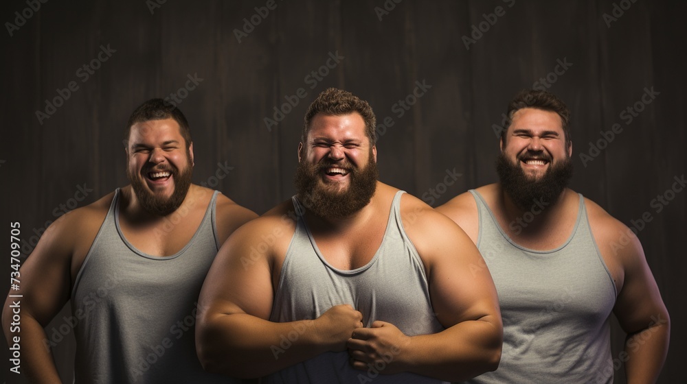Plus-Size Male Models Embracing Happiness in Studio Setting Plus-Size Male Models Embracing Happiness in Studio Setting