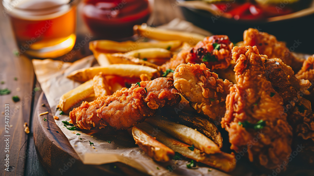 Fried chicken fingers with Fries, close-up, ultra realistic food photography Fried chicken fingers with Fries, close-up, ultra realistic food photography