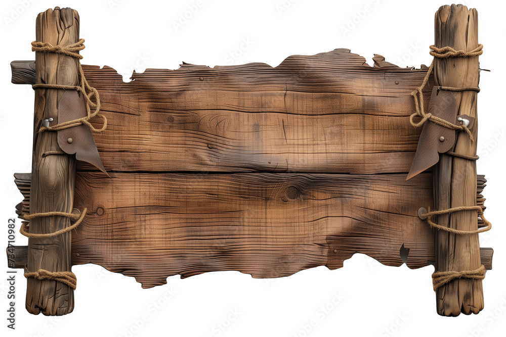 Handcrafted Wooden Signboard with Leather Straps and Rope on Isolated Background - obrazy, fototapety, plakaty 