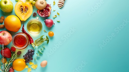 Flat lay composition with symbols jewish Rosh Hashanah holiday attributes on colored background