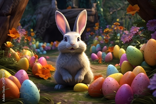 A rabbit surrounded by colorful Easter eggs and spring flowers
