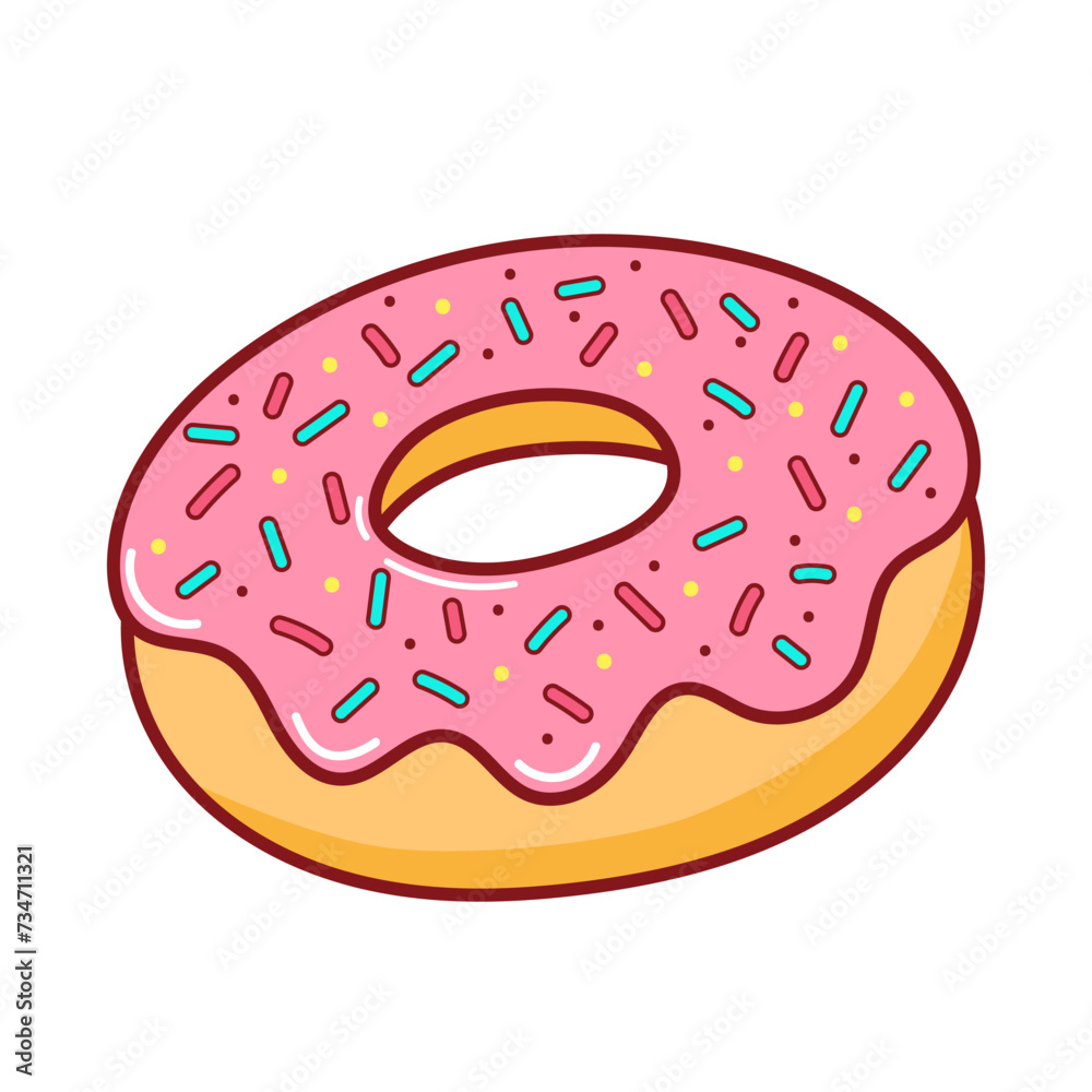 Isolated donut icon with pink icing on white background. Isolated donut icon with pink icing on white background.