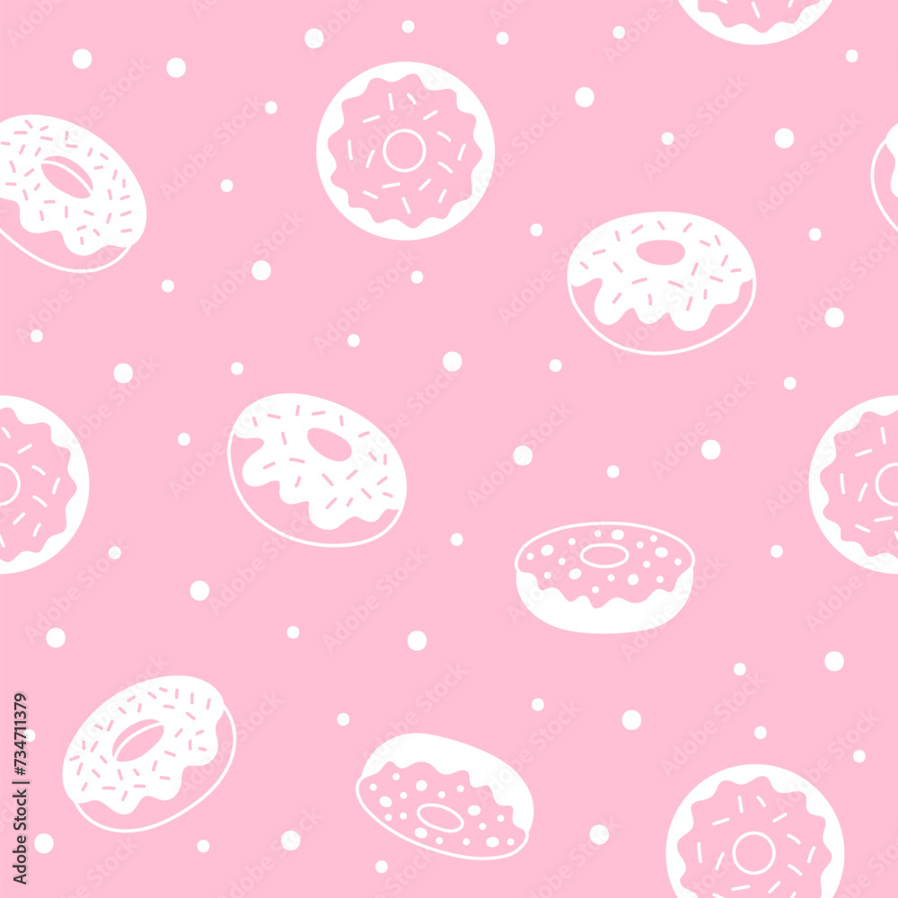 Seamless pattern, donuts on a pink background. Vector illustration.