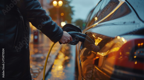 A person plugs a charging cable into an electric vehicle on a rain-slicked city street, illuminated by the warm glow of streetlights at dusk.