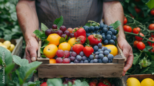 A farmer's hands present a wooden crate brimming with colorful fresh fruits, including strawberries, blueberries, grapes, and citrus, symbolizing organic farming and harvest.
