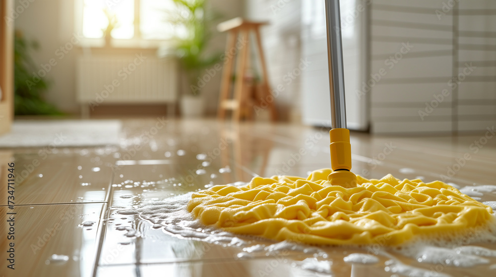 Closeup of yellow floor mop cleaning kitchen tile floor. - obrazy, fototapety, plakaty 