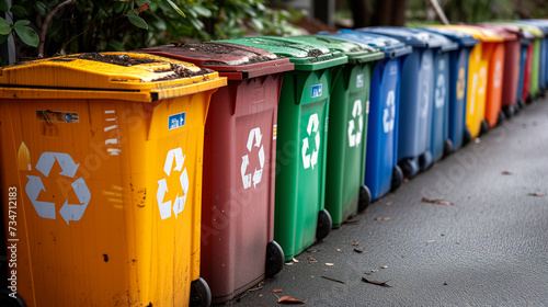 Community recycling. Row of plastic waste bins in the alley way.