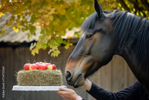 person presenting a horse with a hay cake topped with apples photo