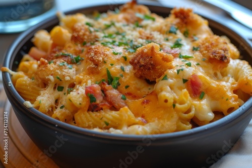 Crisp cheese covered pasta with fried chicken